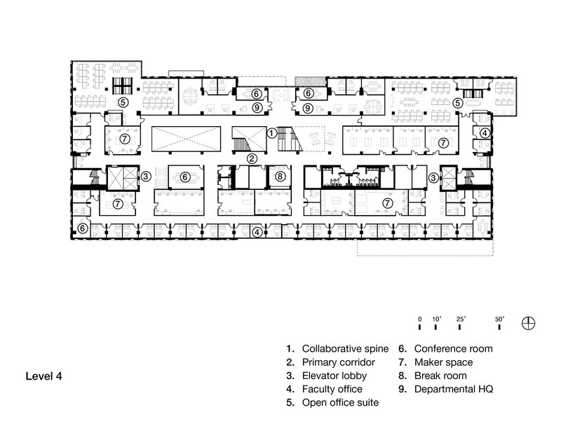 Floor plan drawing showing the fourth level with collaborative spine and open office suites