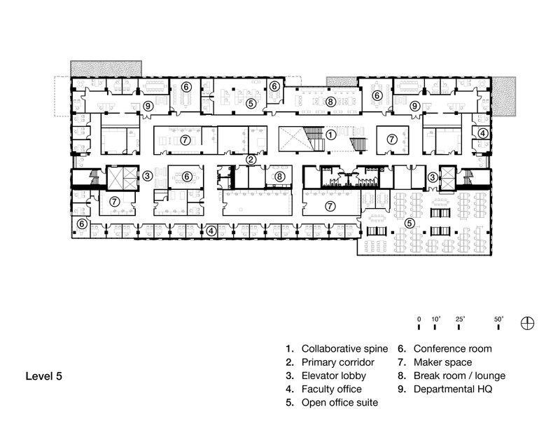 Floor plan drawing showing the fifth level with conference rooms, break areas, and departmental offices