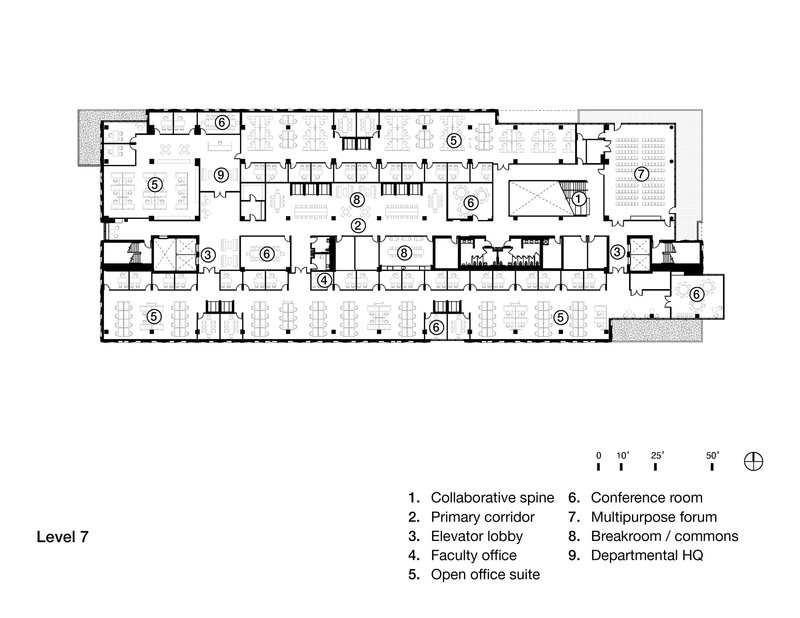 Floor plan drawing showing open office areas with workstations, staircases, and multipurpose forum spaces