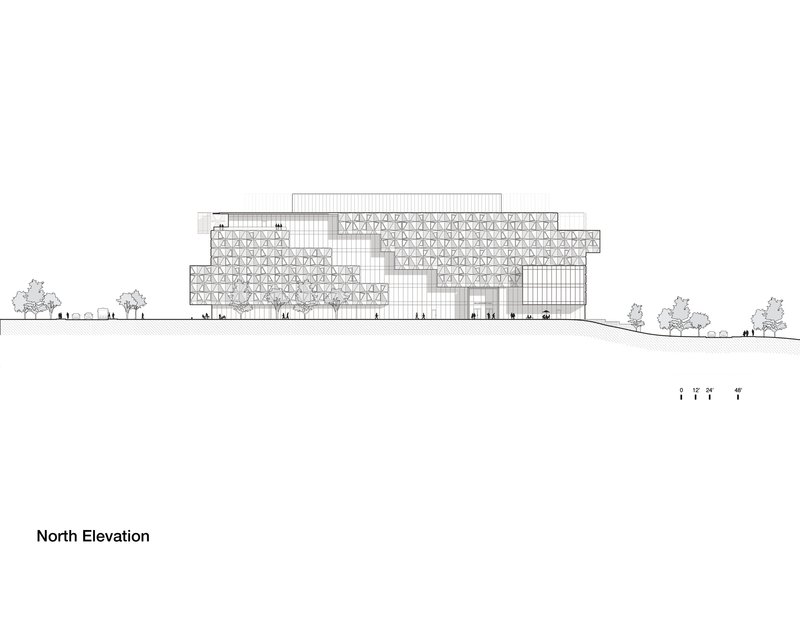 North elevation drawing showing the stepped massing with patterned facade screens and flanking trees