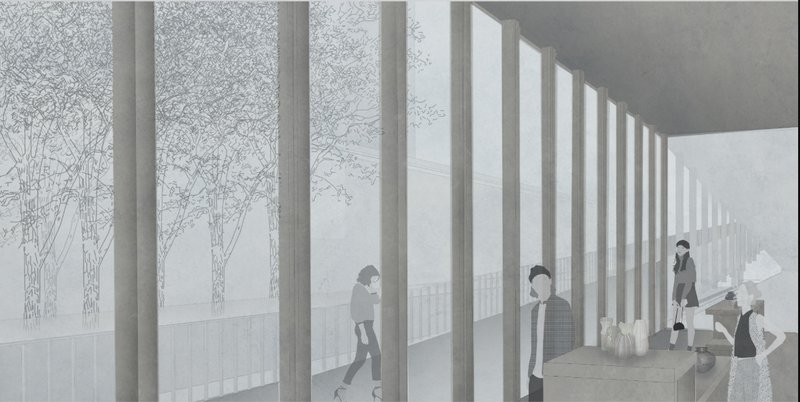 Repetitive structural rhythm creates a semi-enclosed promenade for circulation, pause, and informal commerce.