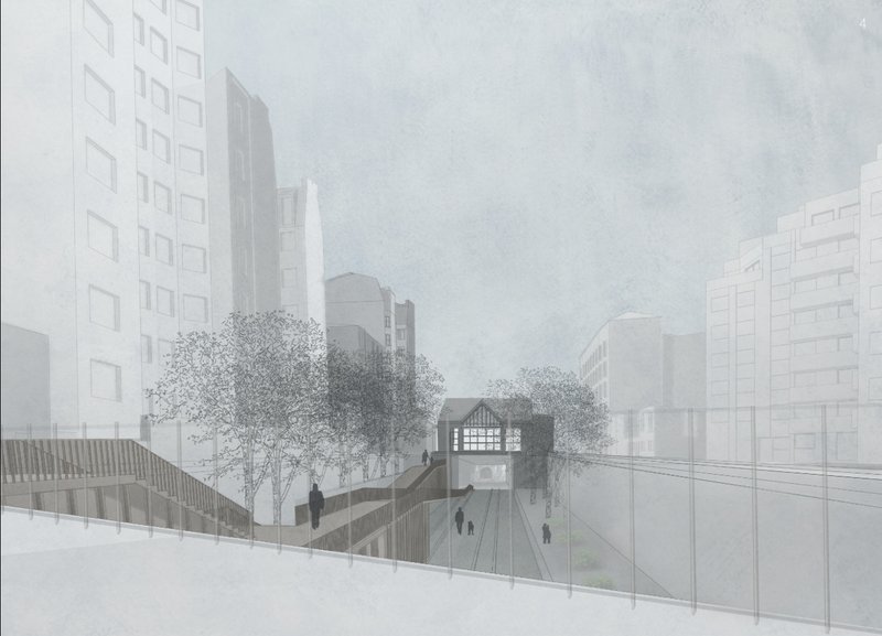 Elevated walkways reconnect fragmented urban edges, framing new perspectives across La Petite Ceinture.