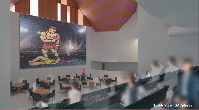 An immersive amphitheater space blends sport, media, and social interaction within a flexible cultural architecture setting.