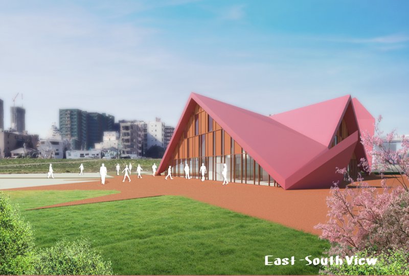 A sculptural parametric roof defines the Tokyo Dojo, creating a bold cultural landmark within the urban riverside landscape.