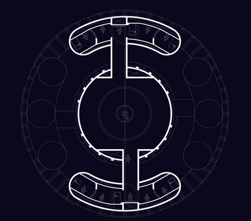 Radial space habitat plan integrating artificial gravity rings with a central core for circulation, research, and modular living systems.