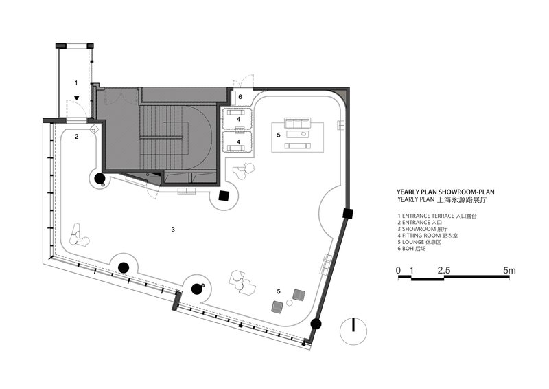 Floor plan drawing showing entrance terrace, showroom spaces, lounge area and interior circulation