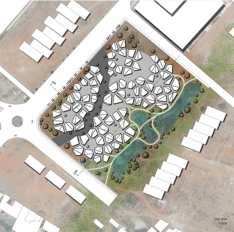 Site plan illustrating clustered housing, central spine, and integrated oasis landscape.