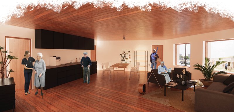 Shared interior spaces designed to foster daily interaction and dignity in elderly living.