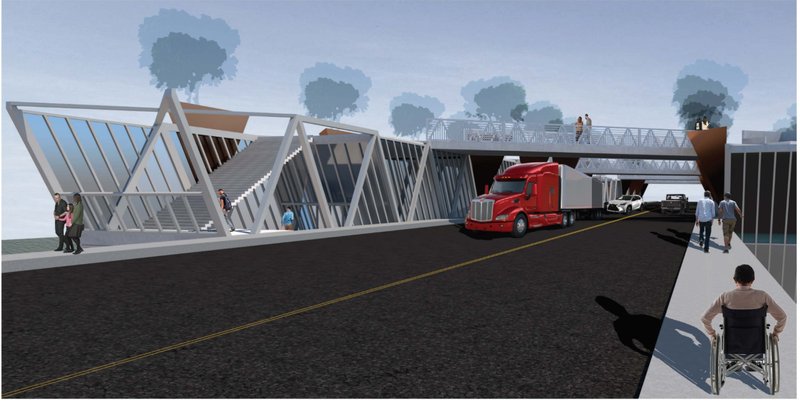Street-level integration of the modular bridge structure, balancing vehicular movement with pedestrian access and spatial transition.