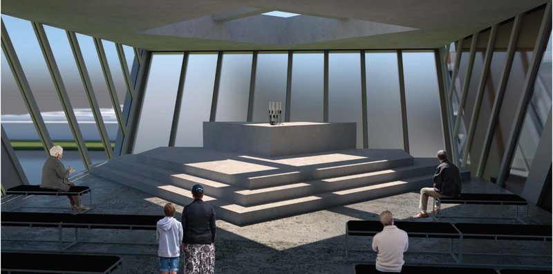 Minimalist chapel space designed for quiet reflection, spiritual grounding, and collective pause within the journey.