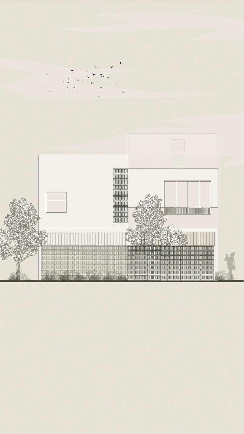 Elevation drawing showing stacked volumes with varied brick cladding and a flock of birds overhead