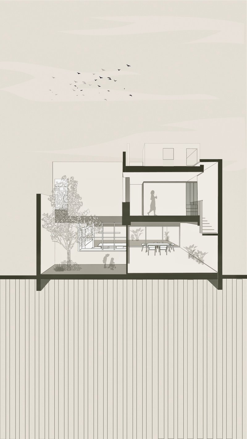 Section drawing showing split-level interior spaces with figures, trees, and flying birds overhead