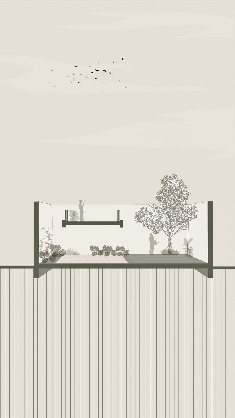 Section drawing showing single-story volume with planted terrace, trees, and birds in the sky
