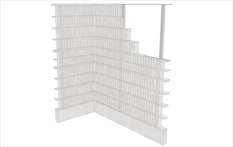 Axonometric drawing of stepped concrete foundation with vertical timber cladding at the corner