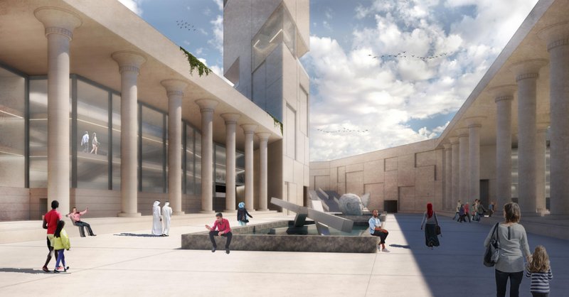 Colonnade courtyard blending ancient spatial language with contemporary environmental design strategies.