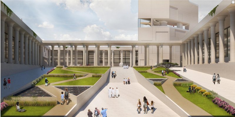 Central court landscape orchestrating movement, gathering, and passive cooling through green interventions.