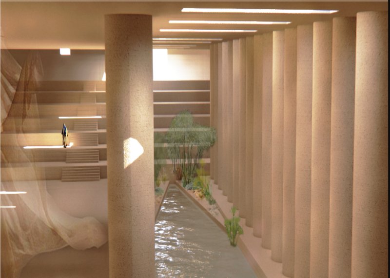 Subterranean colonnade integrating water channels, light modulation, and passive cooling for a climate-responsive spatial experience.