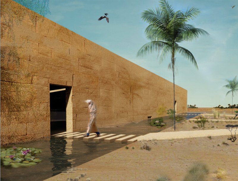 Minimal earthen architecture emerging from the desert, where water, movement, and landscape converge at the threshold.