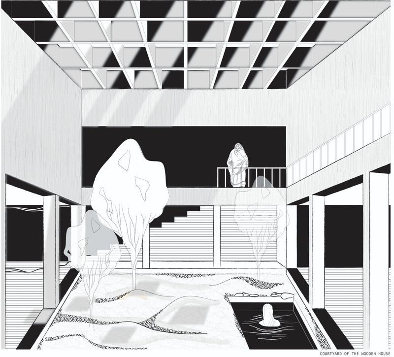 Courtyard interior dissolves boundaries between dwelling and forest through light, water, and layered spatial depth.
