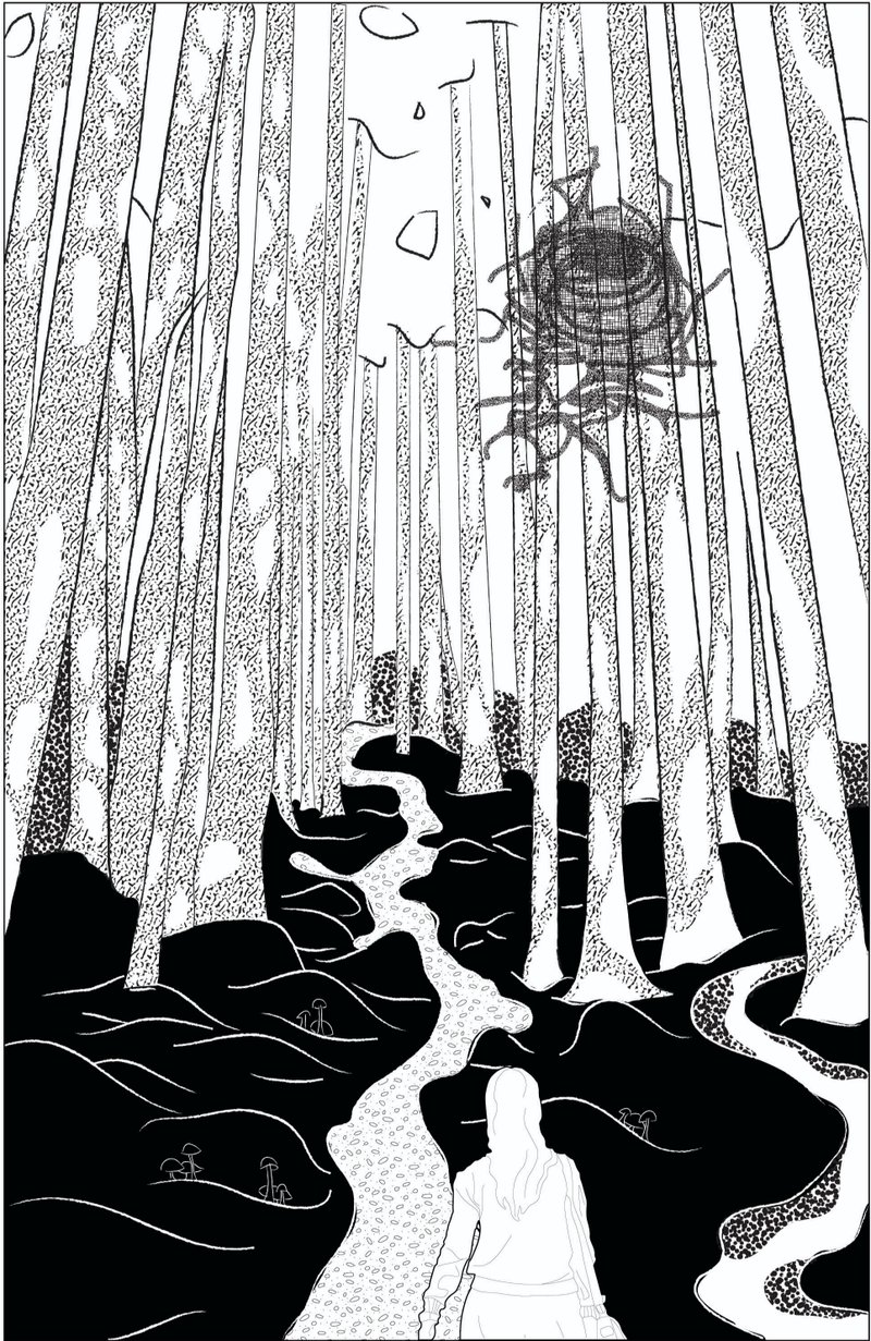 Dense forest path evokes uncertainty and discovery, guiding the user through a tactile and immersive spatial sequence.