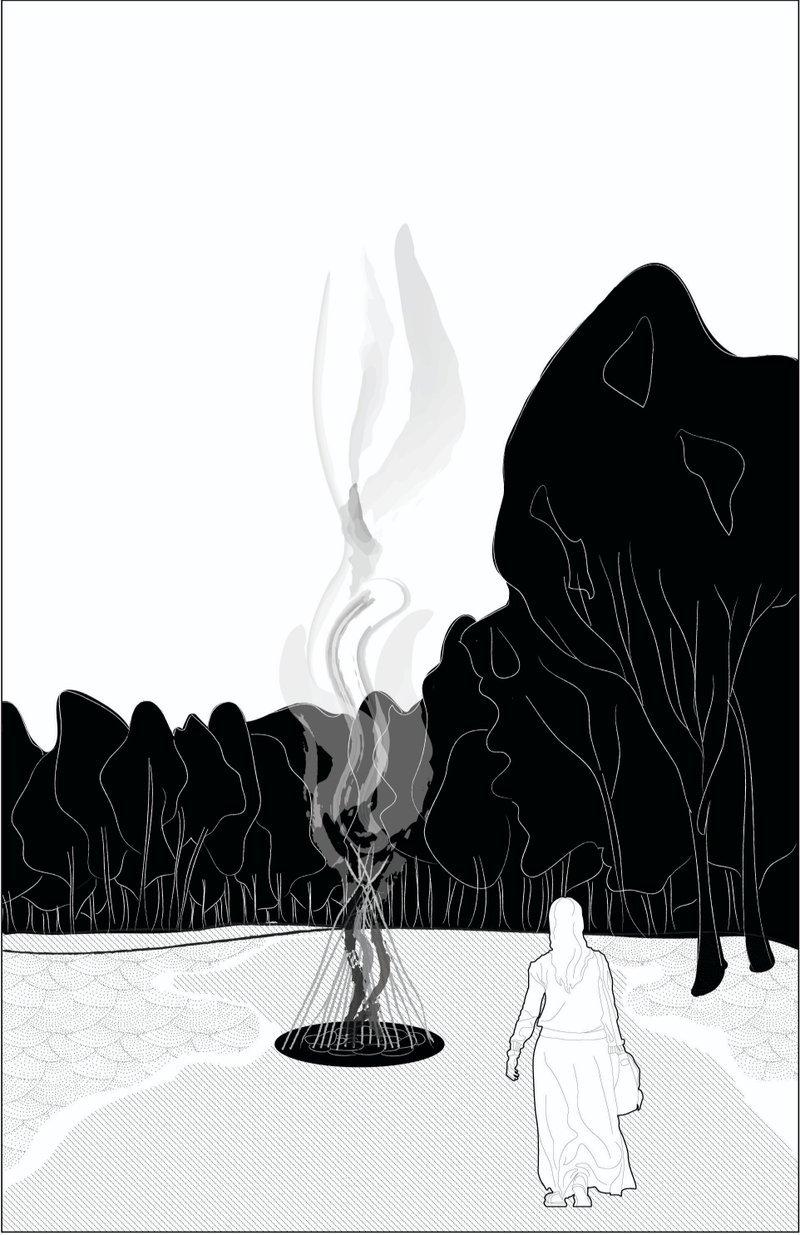 Clearing with a central hearth, where fire becomes a focal point of gathering, warmth, and transition within the forest journey.