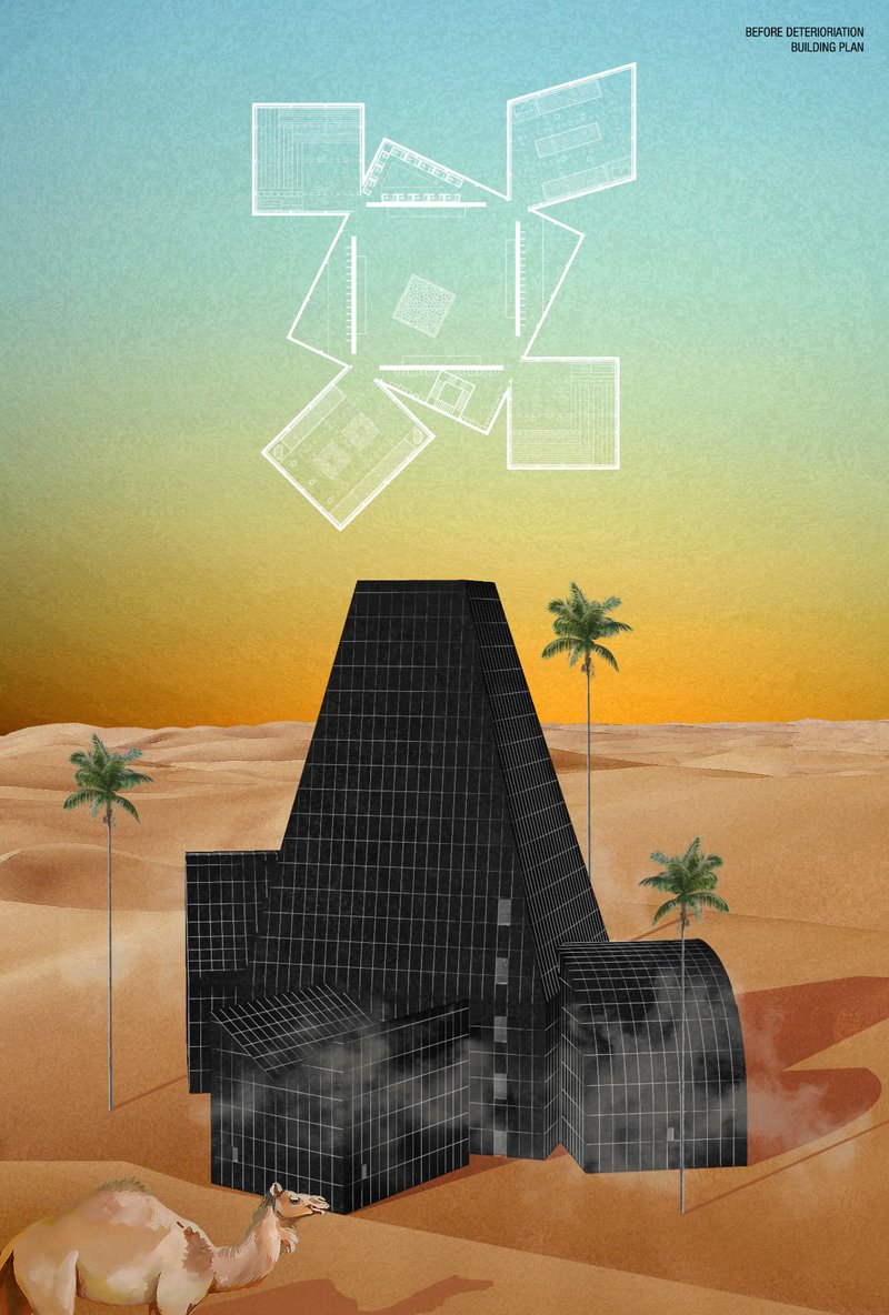 A monolithic climate-responsive structure emerges in the desert, designed as a controlled system of heat, steam, and transformation.