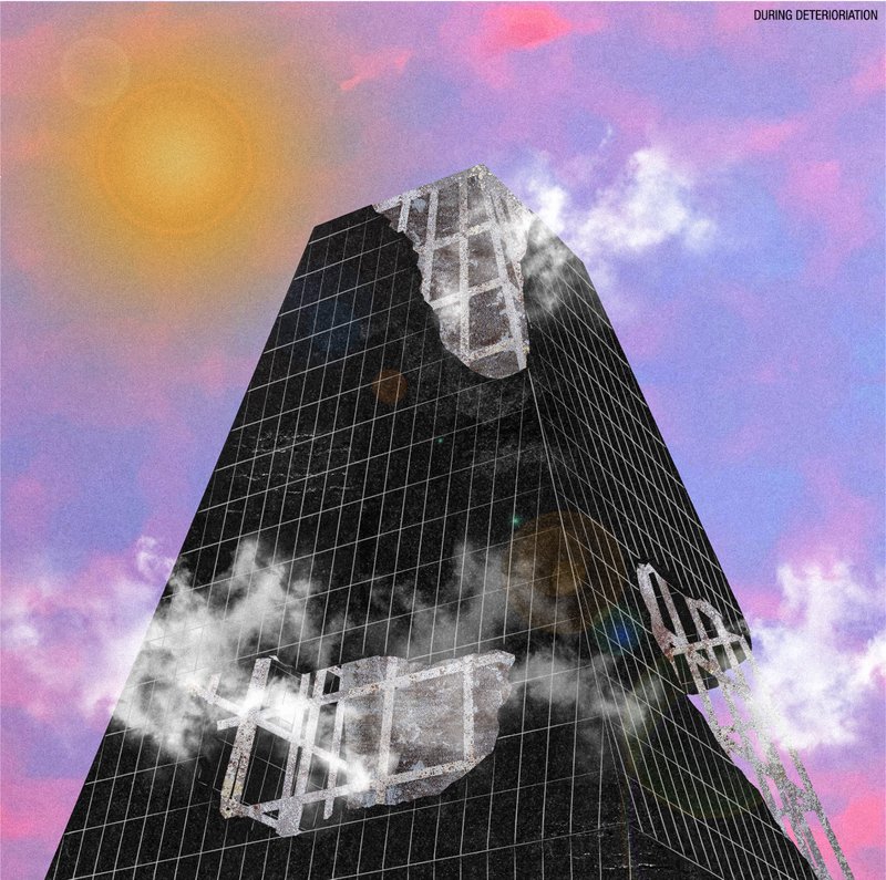 The facade begins to erode under thermal and moisture stress, revealing the architecture as a temporal and evolving system.