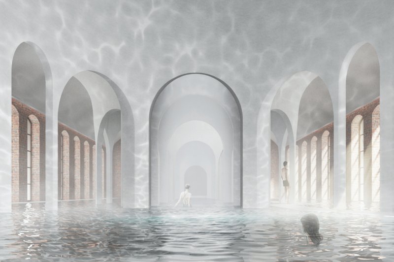Arched thermal hall where light, water, and structure merge into a continuous spatial experience.