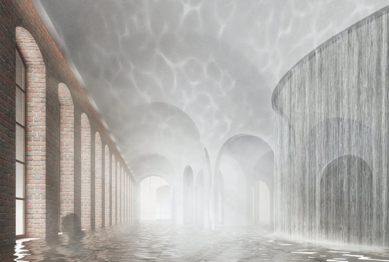 Waterfall chamber creating a sensory transition between thermal zones and spatial volumes.