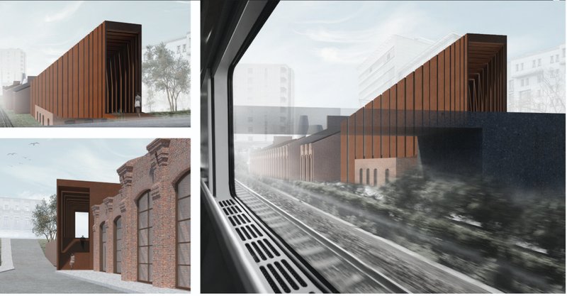 Contemporary intervention contrasts with historic structure, framing movement along the railway edge.