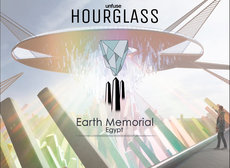 Hourglass climate change memorial visualizing global warming through light, glass, and spatial form