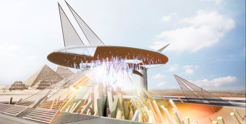 Conceptual memorial architecture in Egypt using sunlight refraction to represent environmental impact