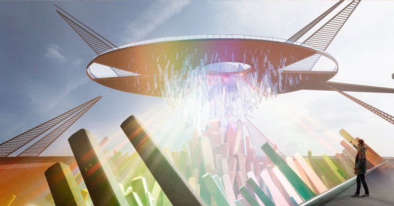 Immersive installation combining glass structures and earth elements to express climate crisis