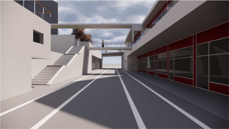 Linear corridor beneath the canopy connects circulation, commerce, and movement through a continuous urban passage.