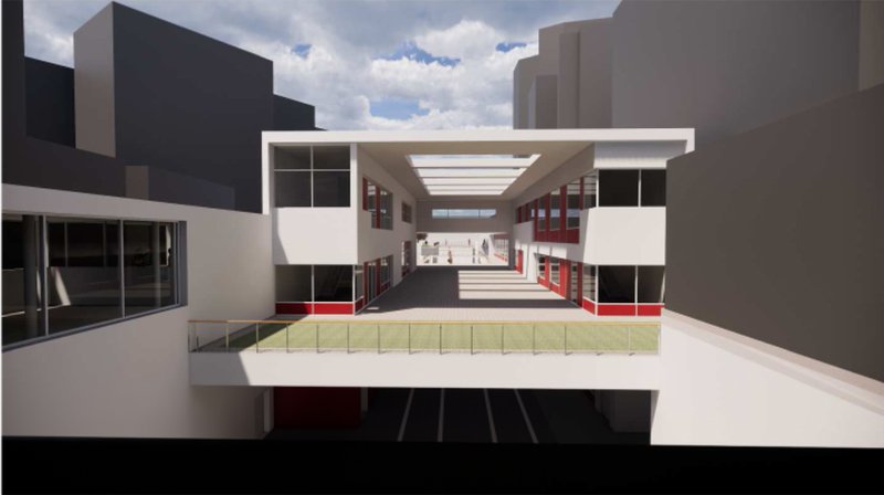 The canopy frames a central courtyard, creating a porous civic space between built volumes.