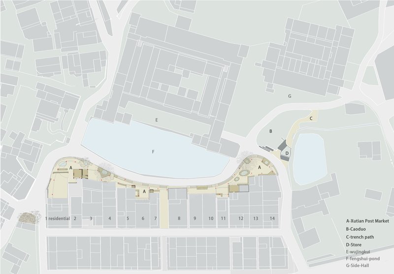 Floor plan highlighting the ground level with market hall and trench path winding through residential units