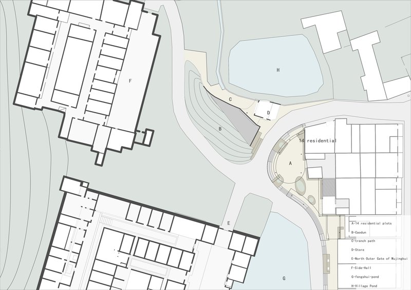 Site plan drawing of the curved market building alongside linear residential blocks and a pond