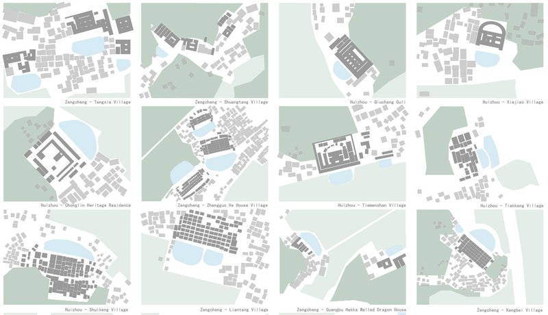 Site plan drawings showing twelve different village layouts with buildings, courtyards, and water bodies in muted colors