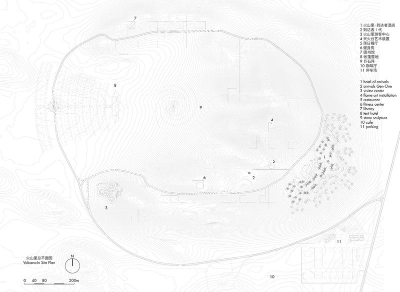 Site plan drawing with contour lines showing the building's placement among trees and circulation paths on hilly topography