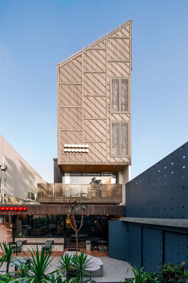 Timber-screened facade with diagonal slat patterns rising above a planted courtyard in afternoon light