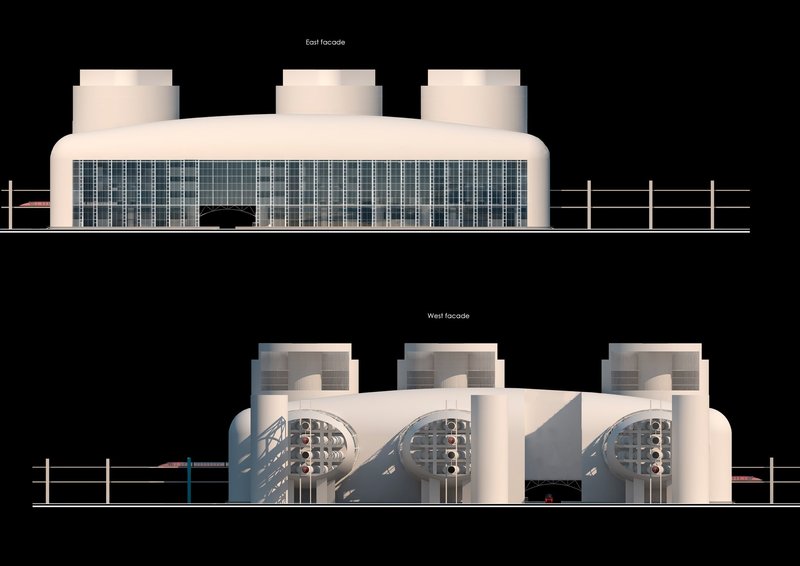 East and west façade views highlighting the architectural form of the futuristic Hyperloop transport hub