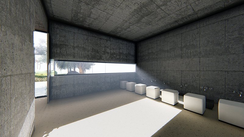 Soft daylight washes over raw concrete, transforming a minimal ablution space into a quiet moment of reflection and ritual.