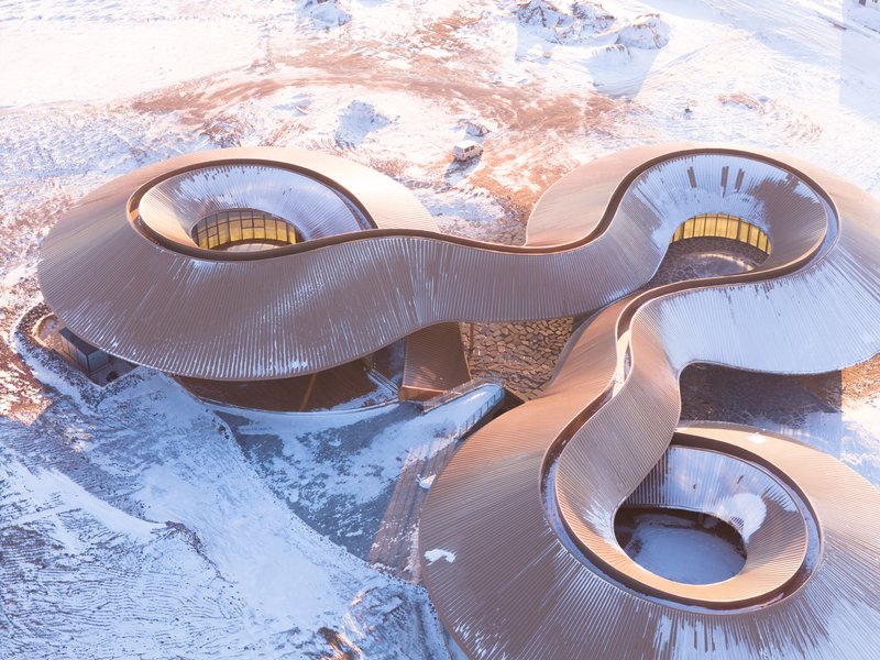 Aerial of the entire roof showing the three lobes joined into a triskelion form
