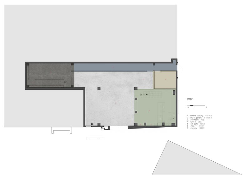 Floor plan with color-coded zones showing an L-shaped layout with central open area