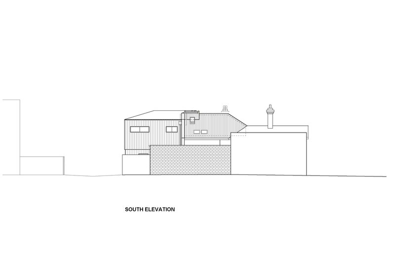 South elevation drawing featuring vertical ribbed cladding above a brick base with neighboring flat-roofed structure