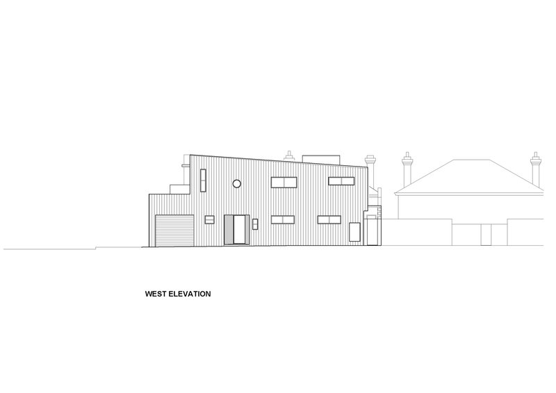 West elevation drawing showing vertical cladding and punched windows alongside an existing pitched-roof structure