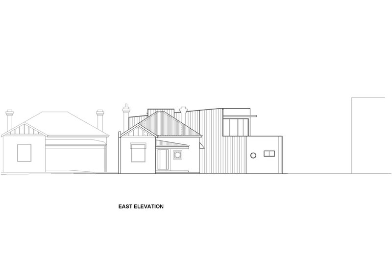 East elevation drawing showing the relationship between new corrugated cladding and adjacent heritage gable-roofed buildings