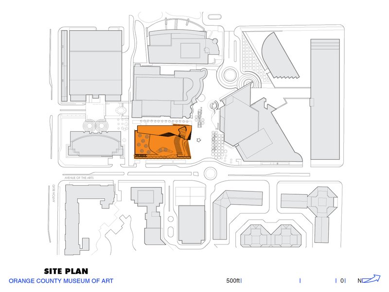 Site plan drawing showing the building footprint highlighted in orange among surrounding campus structures