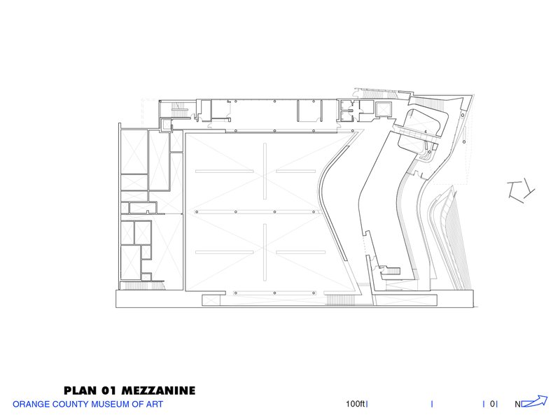 Mezzanine floor plan drawing showing a large rectangular gallery space with curved glazing along one edge