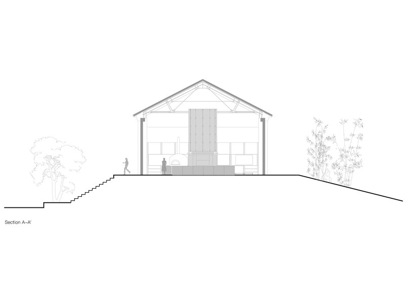 Section drawing showing exposed timber roof trusses and a central fireplace with figures and trees